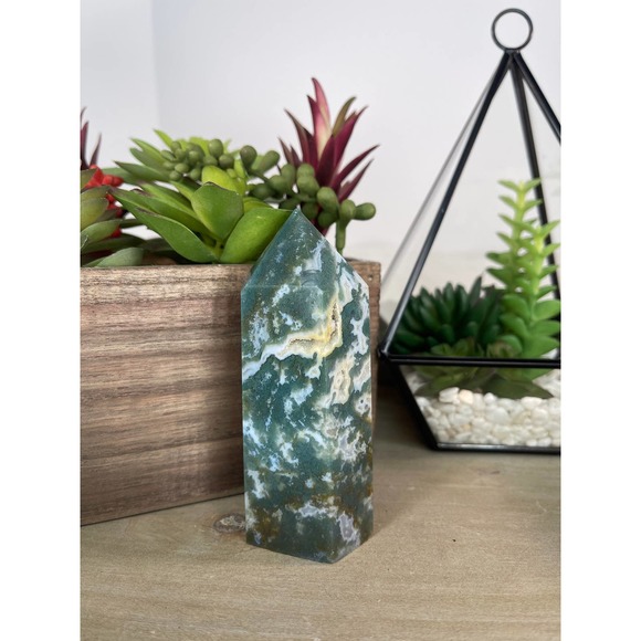 Moss Agate Druzy Tower Polished Stone Crystal - Picture 1 of 10